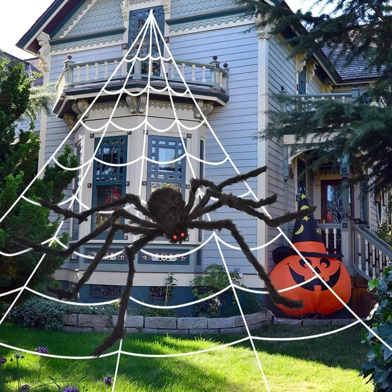 Halloween Giant Spider Garden Decoration with Glowing Eyes and Web