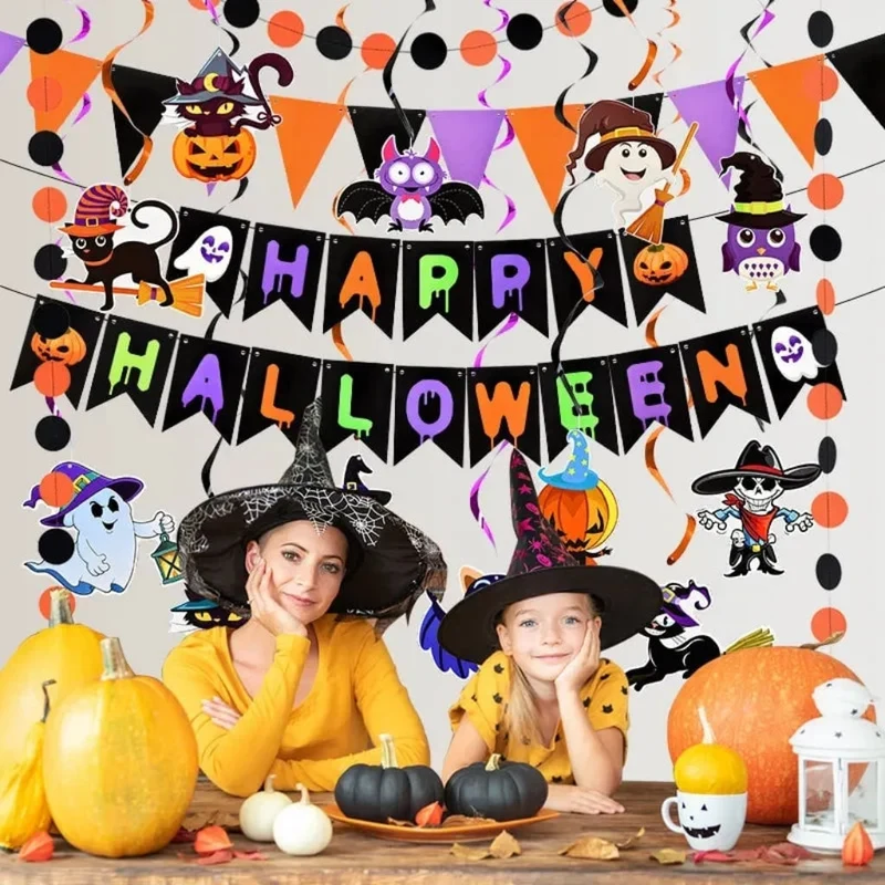 Halloween Hanging Decorations Set with Banner and Spirals for the Home