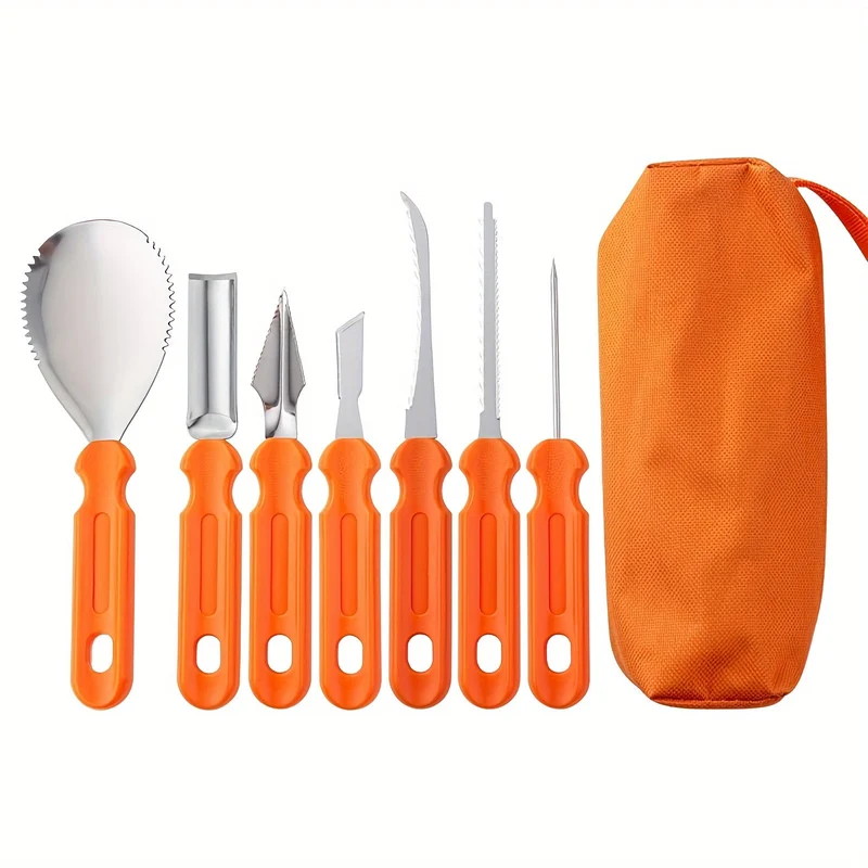 Halloween Stainless Steel Pumpkin Carving Tool Set, 7 Pieces, with Bag