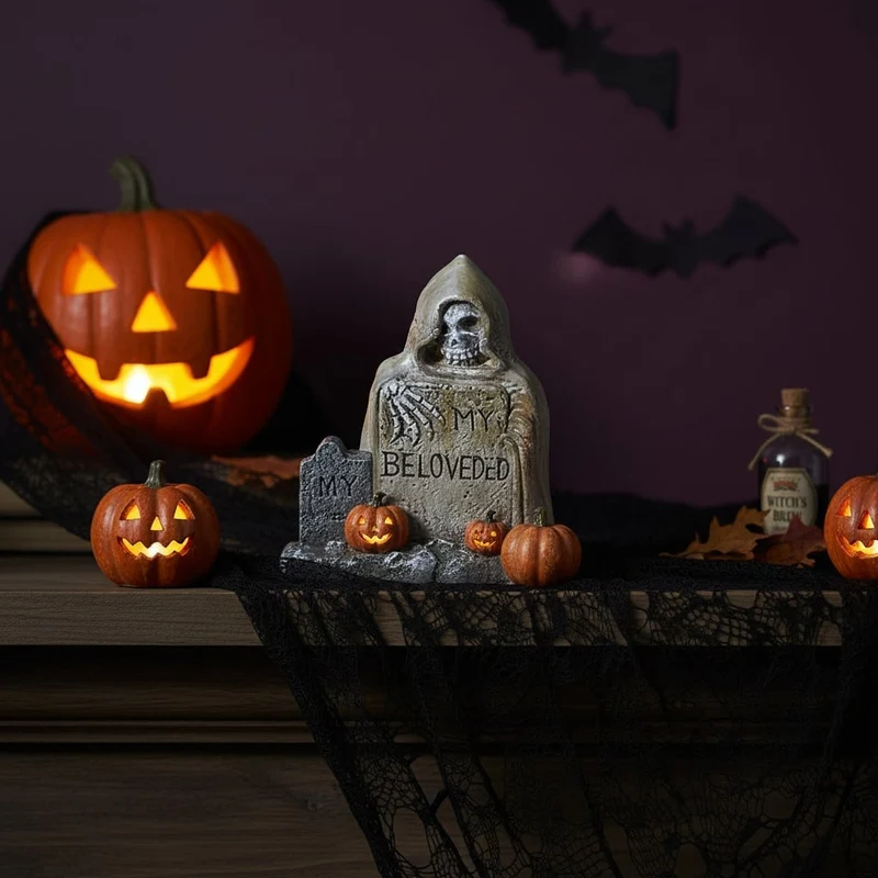 Halloween Miniature Decorative Tombstone with a Bat and "R.I.P." Inscription