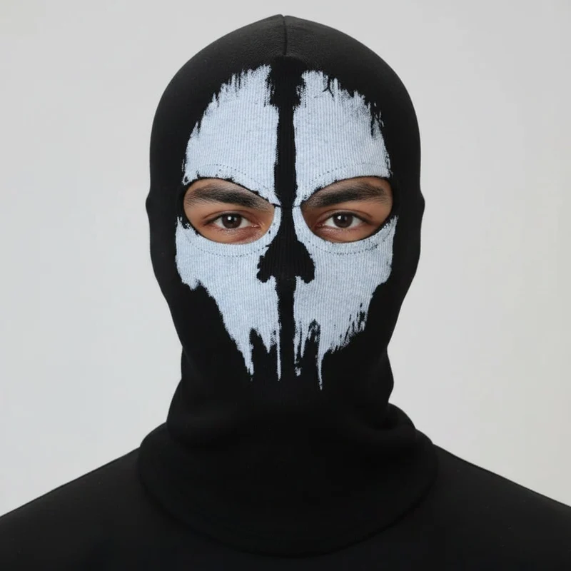 Halloween Motorcycle Balaclava with Skull Mask, Print and Eye Holes, Black Skull
