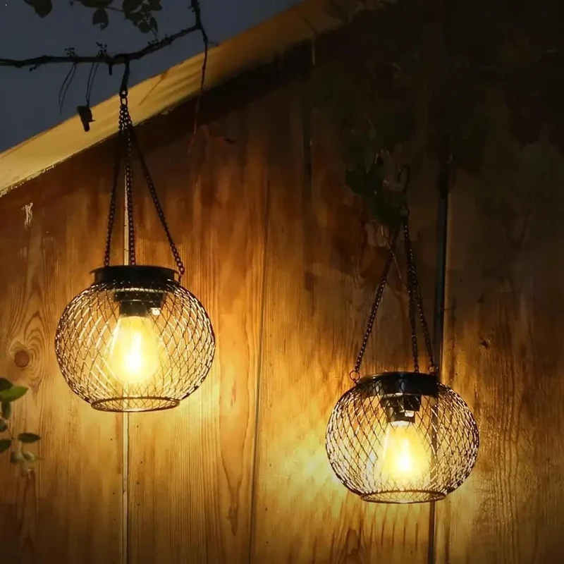 Halloween Solar Hanging Garden Street Lamp with Metal Mesh Shade and Retro LED