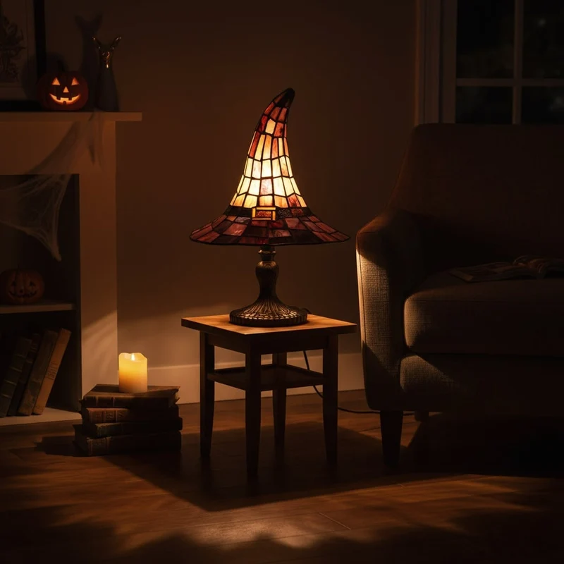 Halloween Decoration Table Lamp in the Shape of a Witch's Hat, Stained Glass