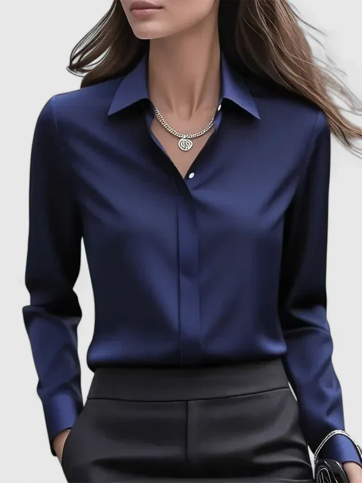 Dames blouse met gedrapeerde hals en lange mouwen