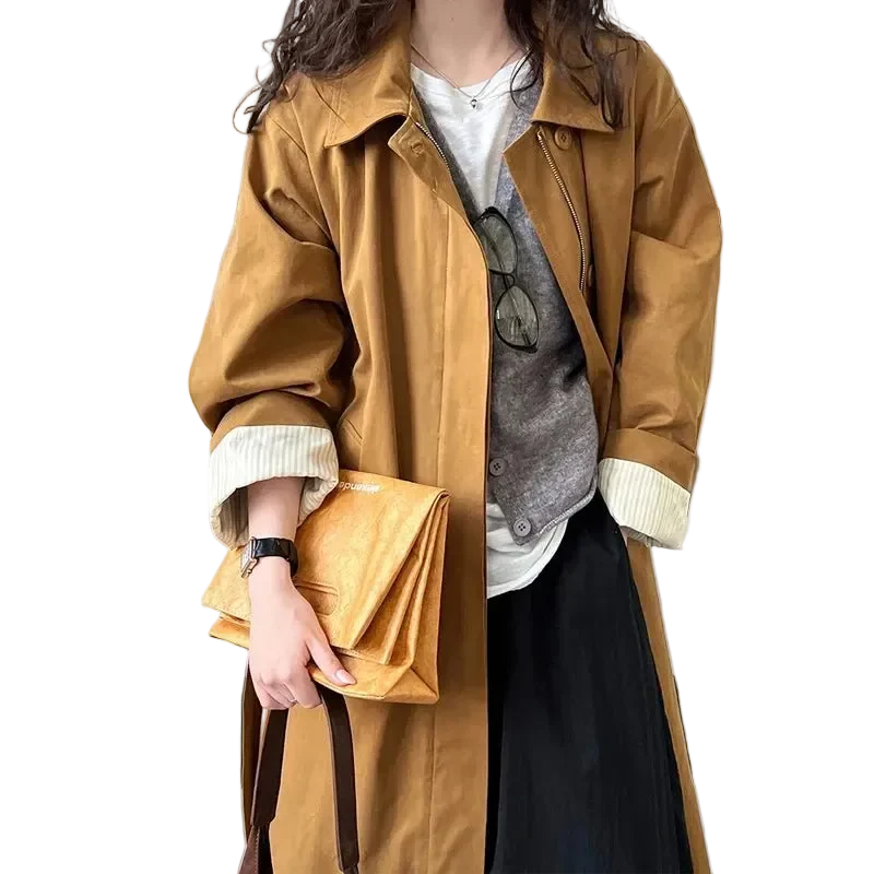 Nieuwe lente trenchcoat voor dames, 100% katoen, met omgeslagen kraag.