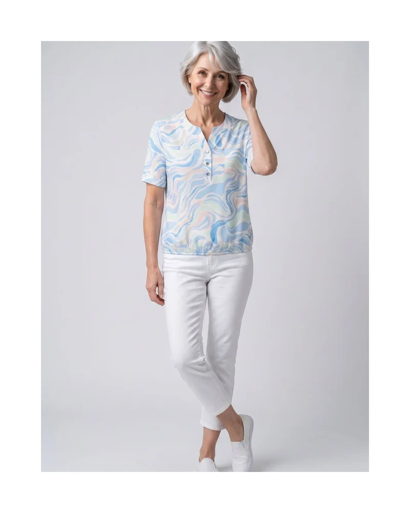 Dames Blouson Shirt Zilveren Knoopjes Borstzakje Streep Blauw
