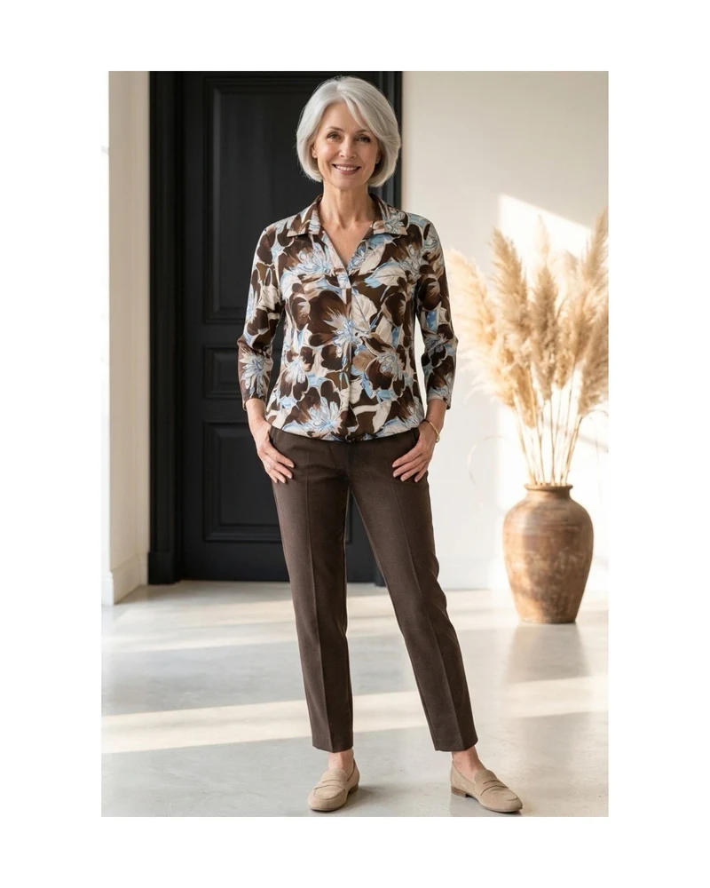 Blouson Poloshirt 3/4 Mouw – Bloem Blauw Bruin