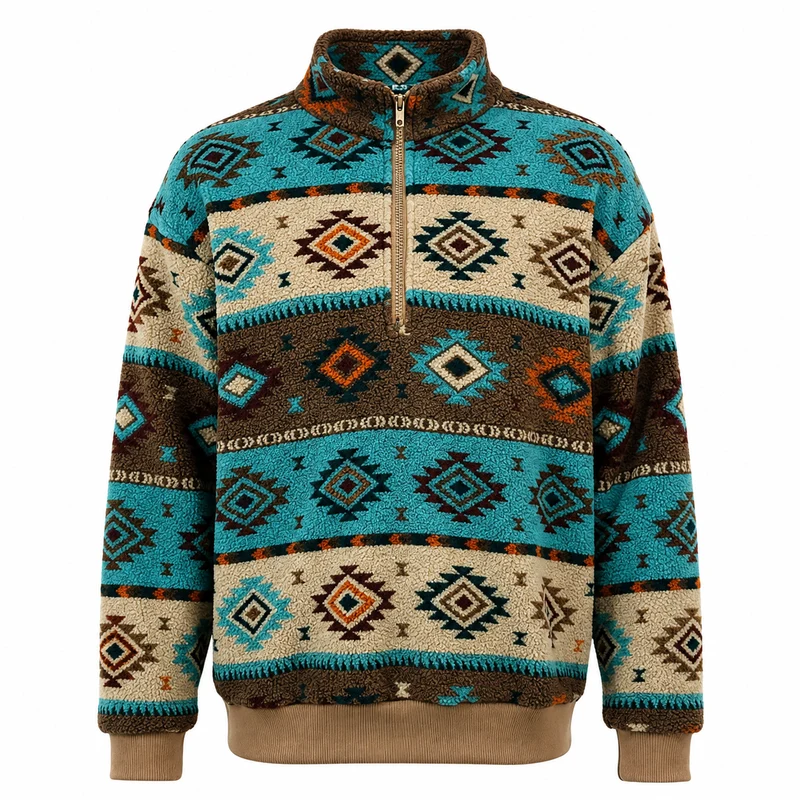 Fleece Trui Heren - Half-Zip - Dik Fleece met Ethnisch Patroon