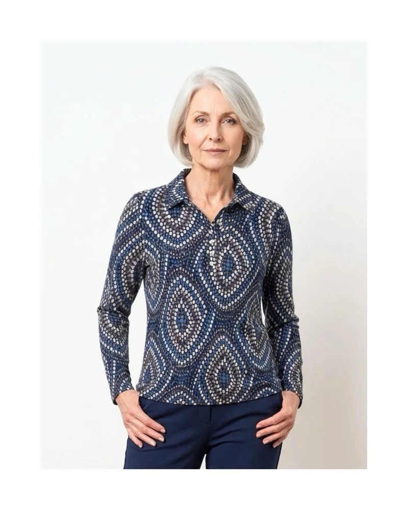 Sensia Fleece Poloshirt Stip Rafblauw Bruin