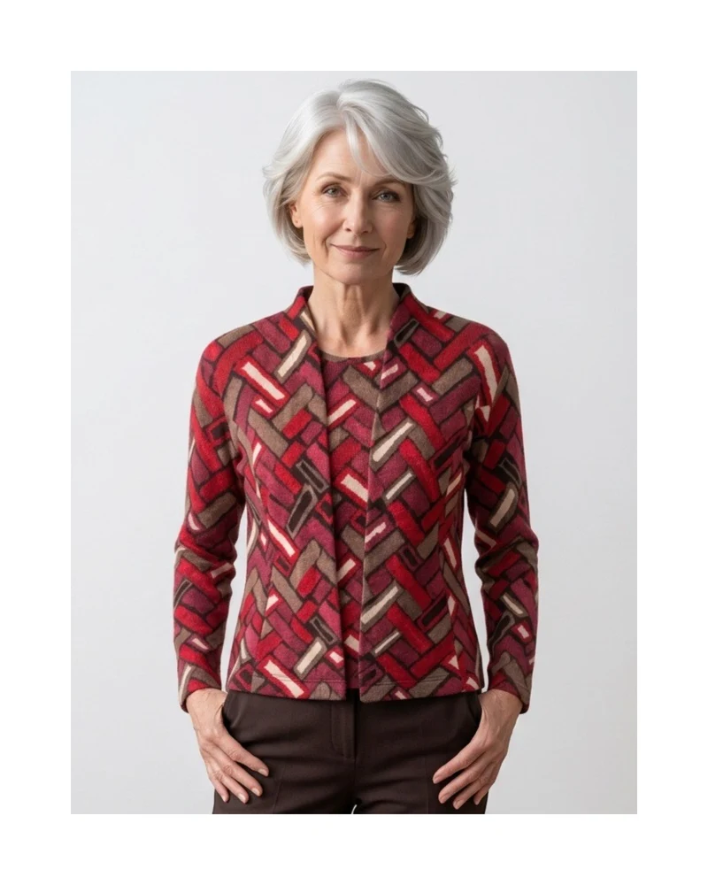 Sensia Twinset Blokjes Rood Taupe Bordeaux