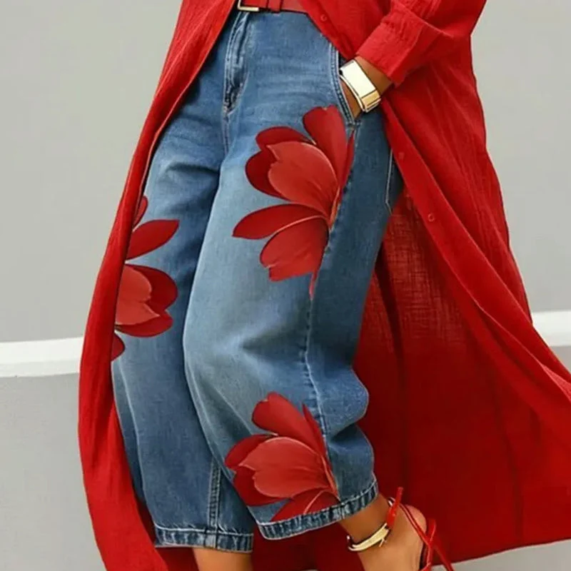 Dames wide-leg jeans met artistieke bloemenprint | LF10341492REDS