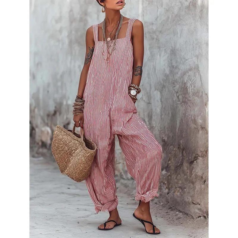 Gestreepte dames jumpsuit met dunne schouderbandjes