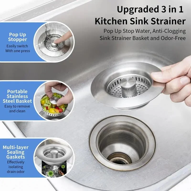 Rvs gootsteenafvoerzeef met 3-in-1 geurfilter