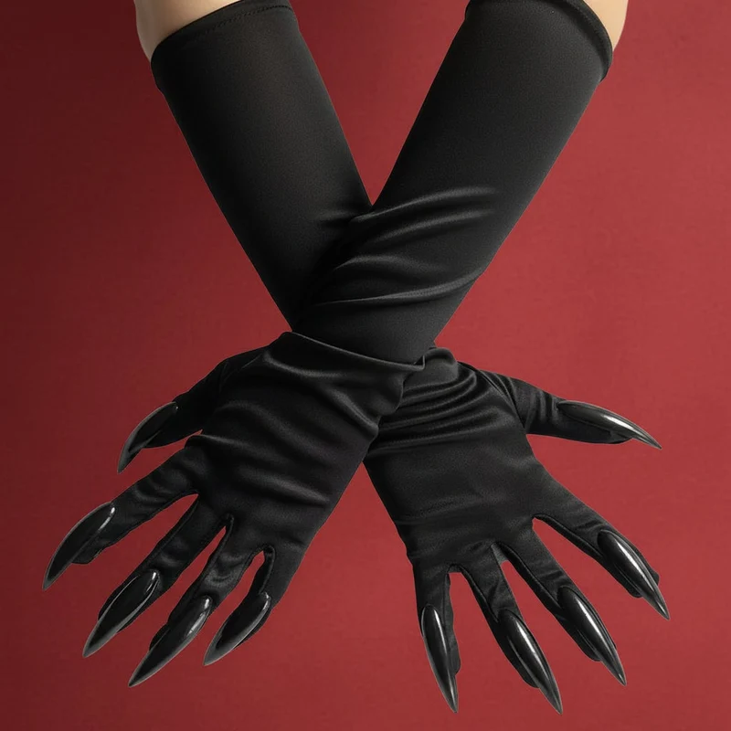 Halloween Long Satin Gloves with Witch Claws for Costumes
