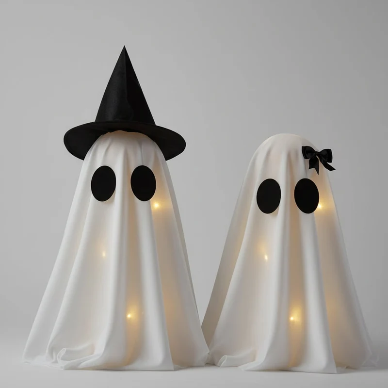 Halloween Decorative Ornaments: Two Glowing Ghosts with LED Lights and Black Witch Hats