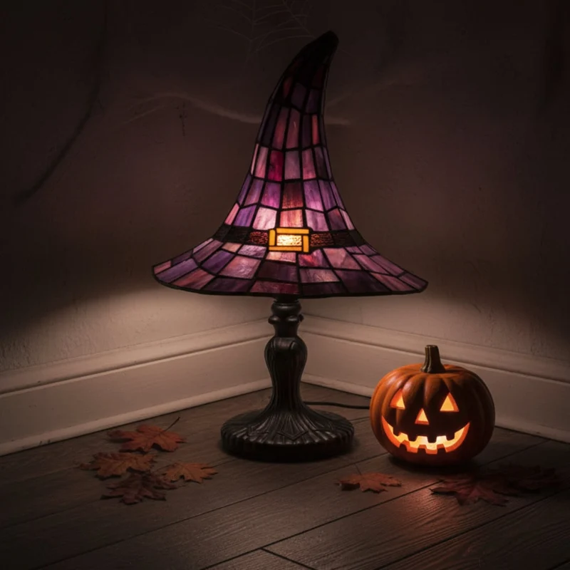 Halloween Small Night Decoration Tiffany-Style Stained-Glass Witch’s Hat Table Lamp