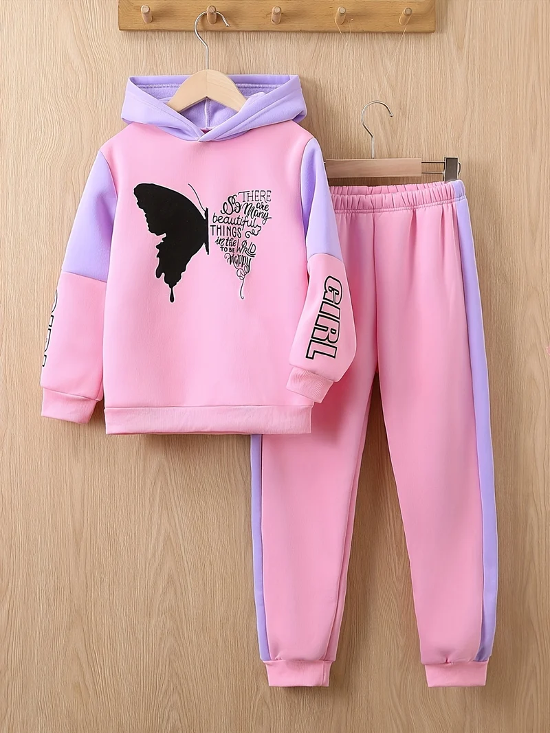 2-delige meisjes fleece sweater met capuchon en broek met vlinderprint - Angel