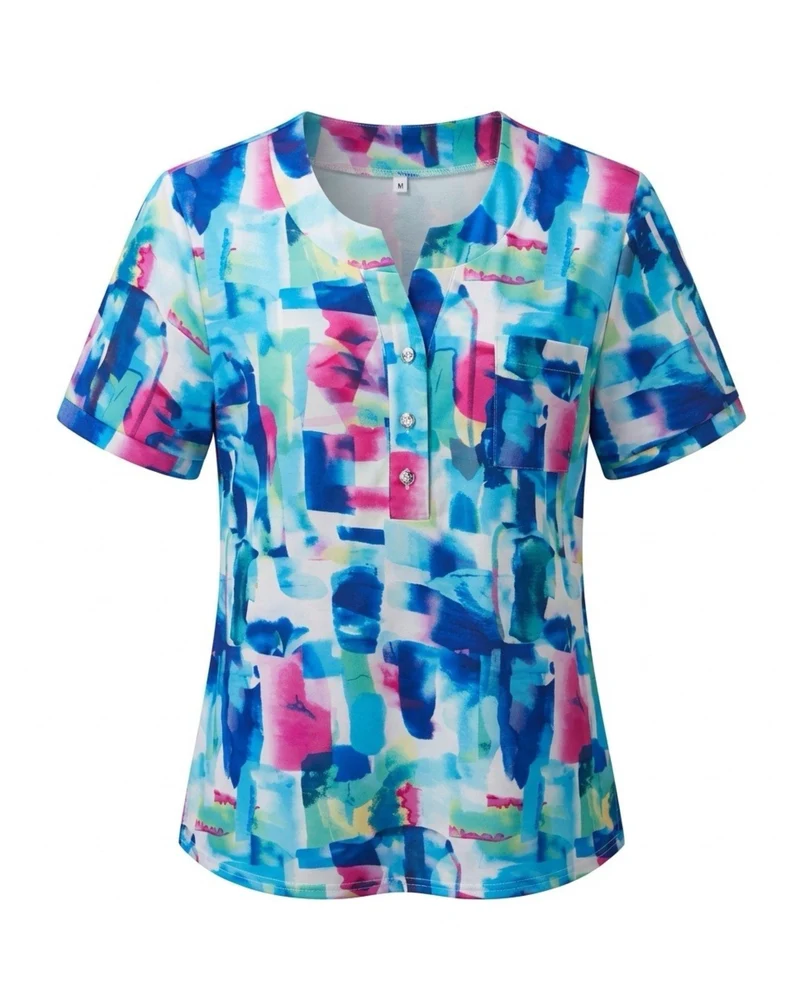 Dames Shirt Zilveren Knoopjes Borstzakje Kobalt Fuchsia