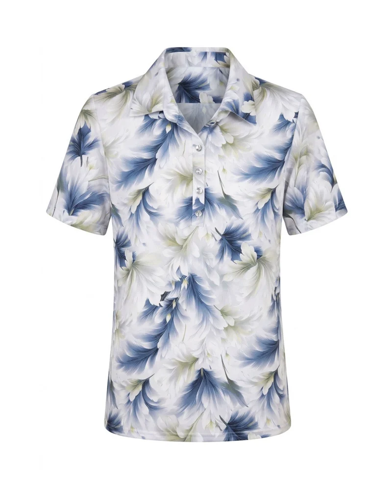 Dames Poloshirt Bladeren Dessin Blauw Groen