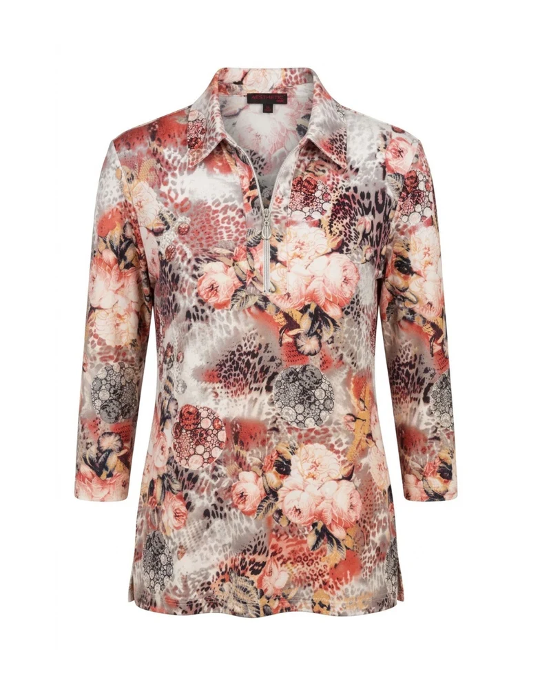 Dames Poloshirt 3/4 Mouw met Rits Roze Grijs