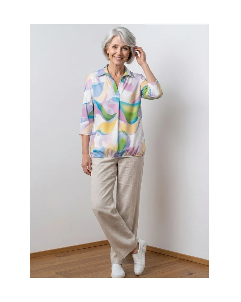 Blouson Polo-Shirt Met V-Hals 3/4 Mouwen Geel Lila Groen