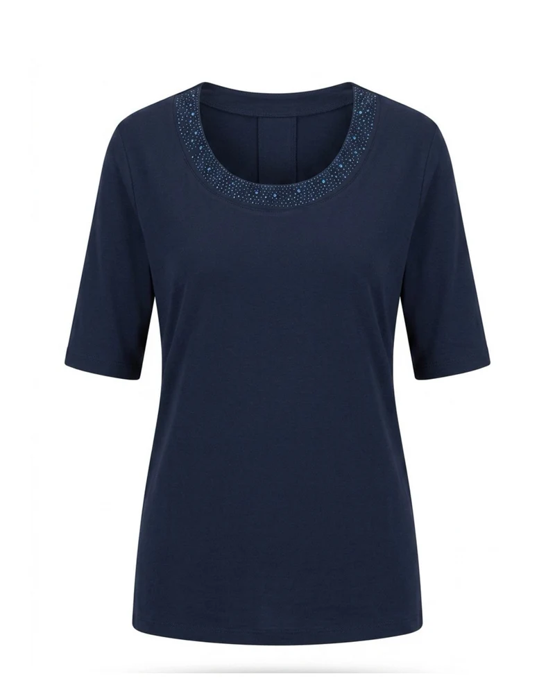 Gabriella K. Uni Shirt Subtiele Strass Ronde Hals Donkerblauw
