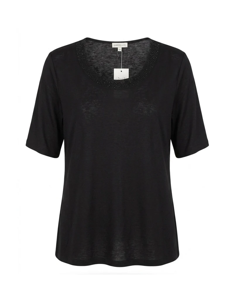 Gabriella K. Uni Shirt Subtiele Strass Ronde Hals Zwart