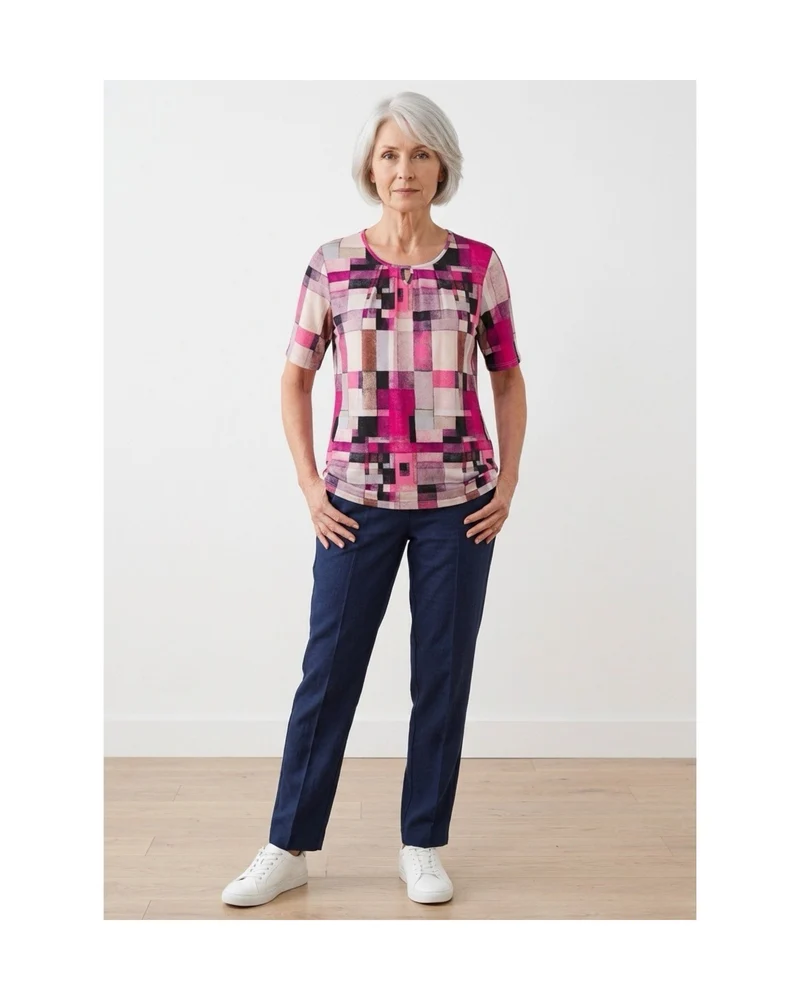 Dames Shirt Ronde hals Blok Fuchsia Zwart