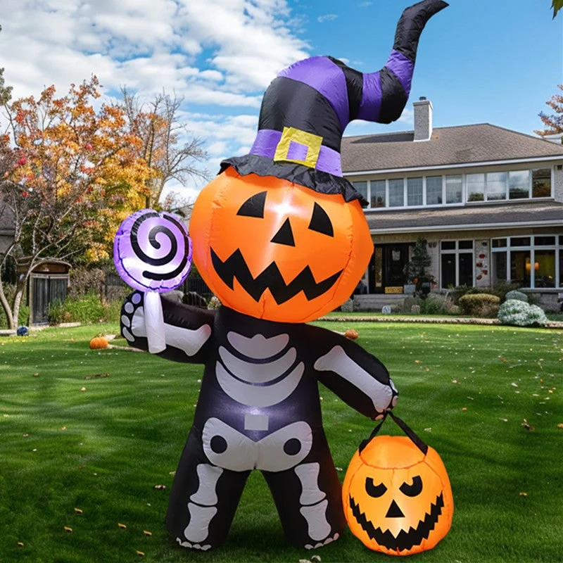 Halloween Inflatable Garden Decoration with LED Lighting Featuring Pumpkin and Skeleton Motifs