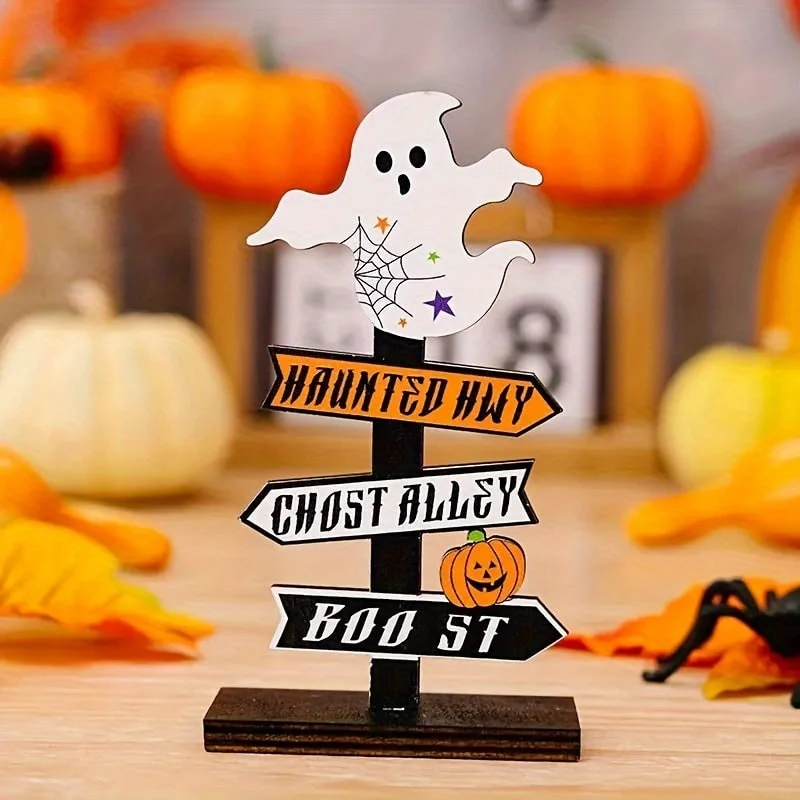 Halloween Home Decorations Wooden Signpost with Arrows and Ghost and Pumpkin Motifs for the Table