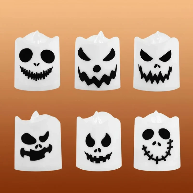 Halloween LED Battery-Operated Tealight Candles, Set of 6, Pumpkin-Themed, Safe for Decoration