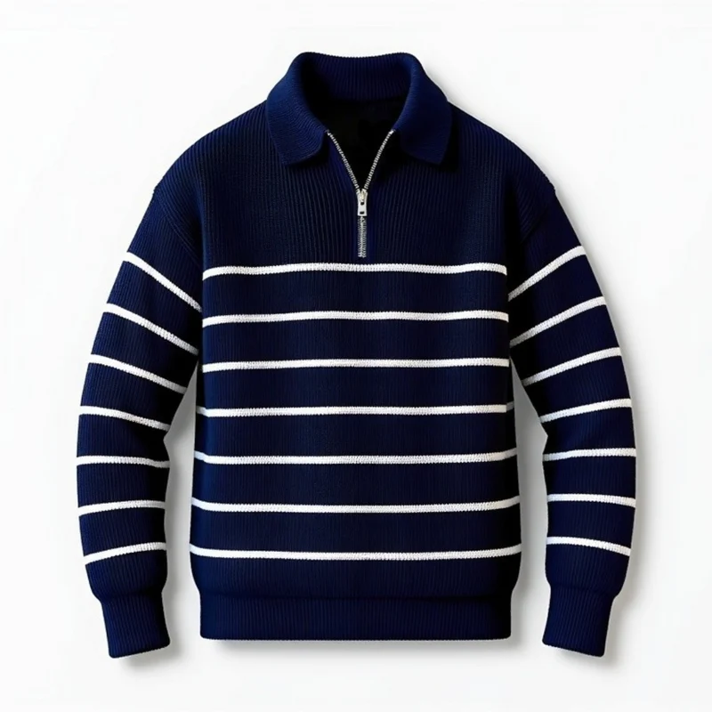 Classic Stripe Heren Trui met Halve Rits – Comfortabel en Tijdloos