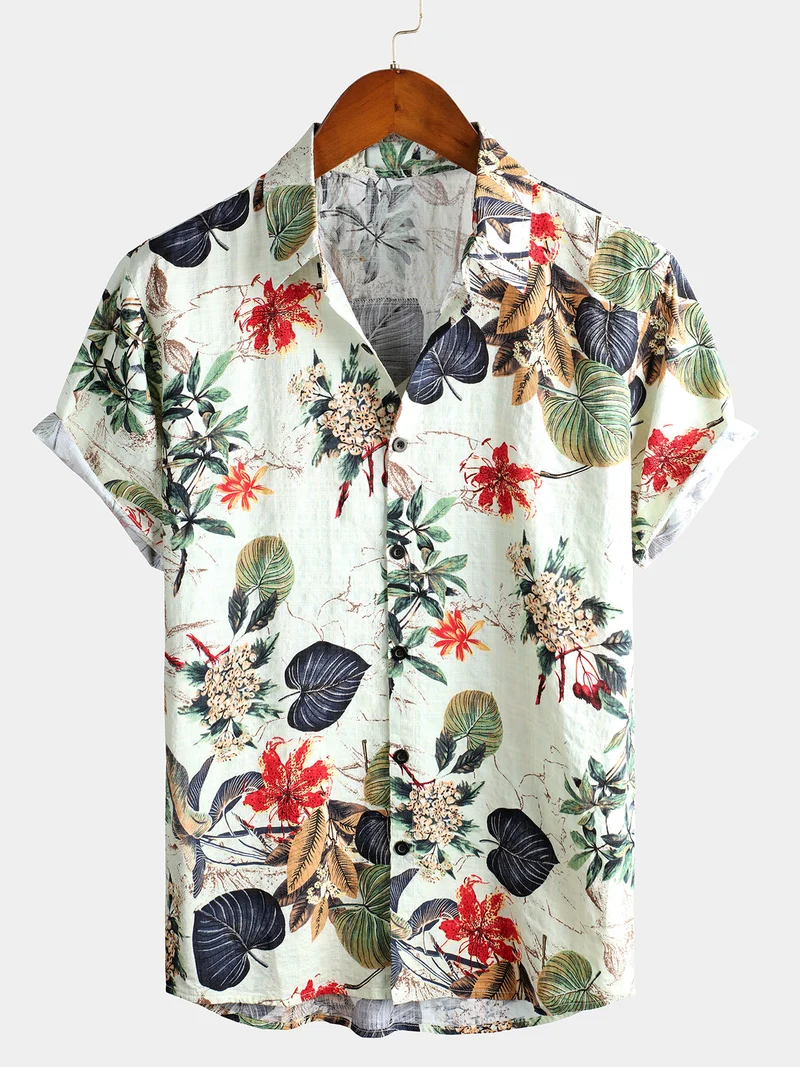 Men's summer button-up shirt with tropical floral pattern