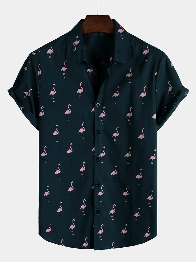 Men's short-sleeve shirt with tropical flamingo print, button-up