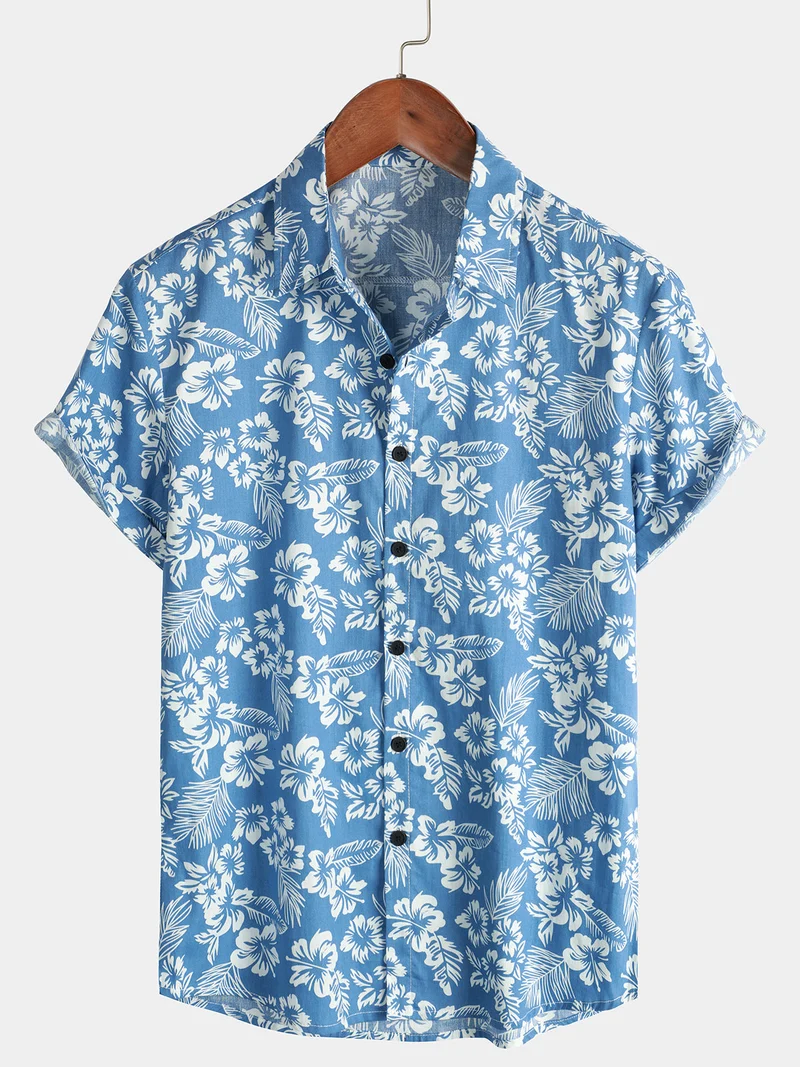 Short-sleeve shirt with tropical floral and leaf pattern, button-up
