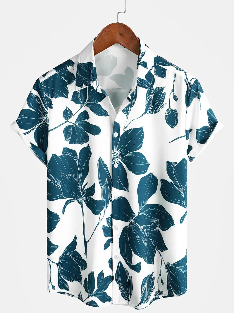Men's casual floral button-up shirt with short sleeves