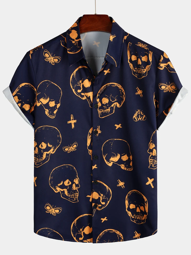 Men's casual skull graphic button-up shirt with short sleeves