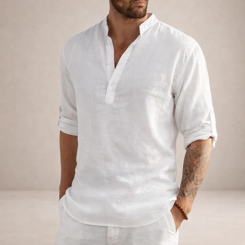 Heren overhemd – linnen look met opstaande kraag & lange mouwen