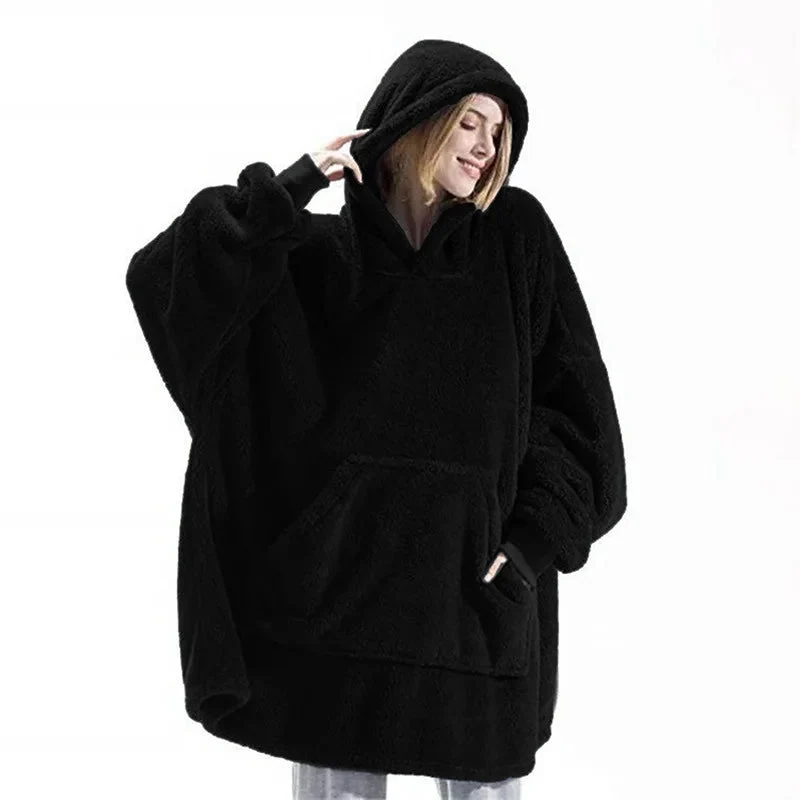 Winterhoodie/deken – Dubbelzijdig fleece sweatshirt met grote zak voor stellen