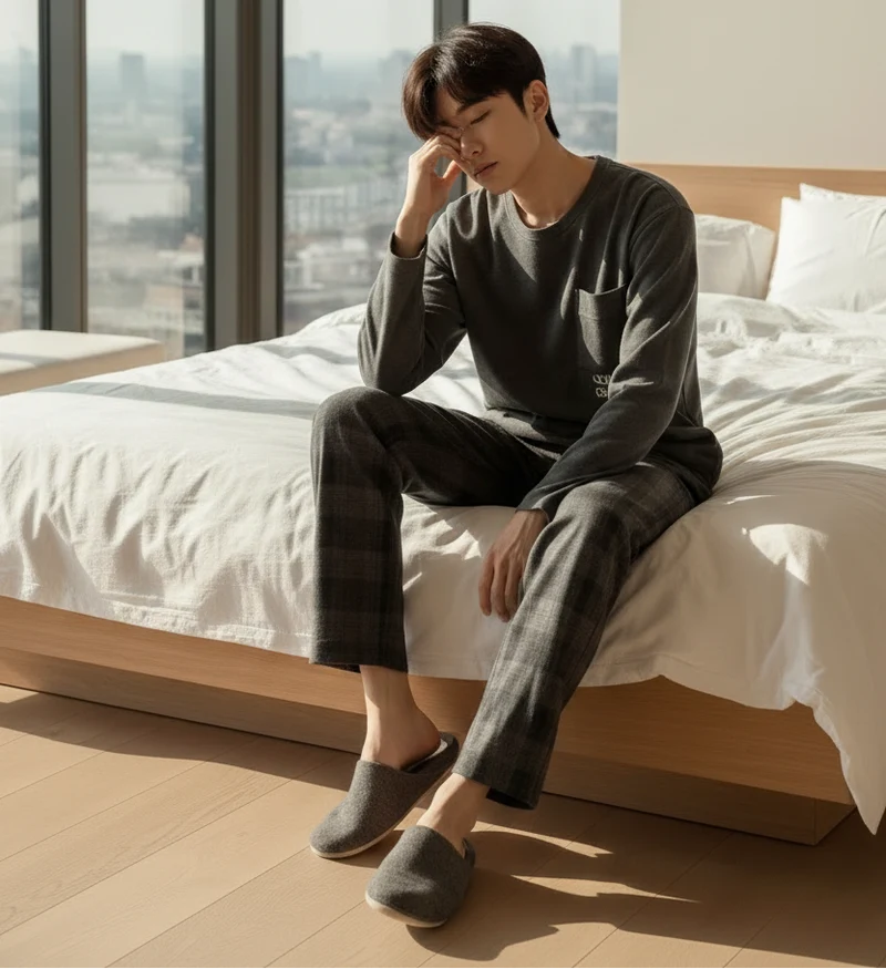 Herenpyjamaset met Koreaans ruitpatroon, bestaande uit een top met lange mouwen en een broek.