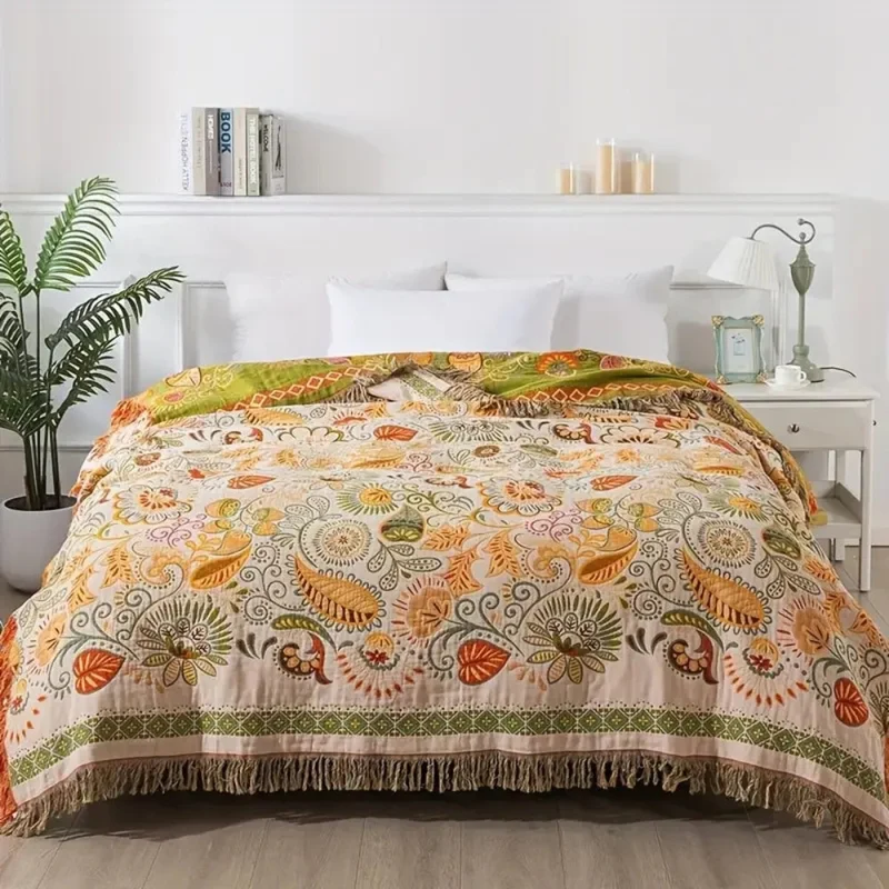 Double-sided cozy boho-style throw with fringes for sofa and bed
