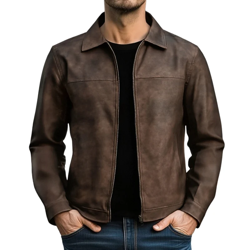 Men's motorcycle jacket with zipper Fitted casual outerwear