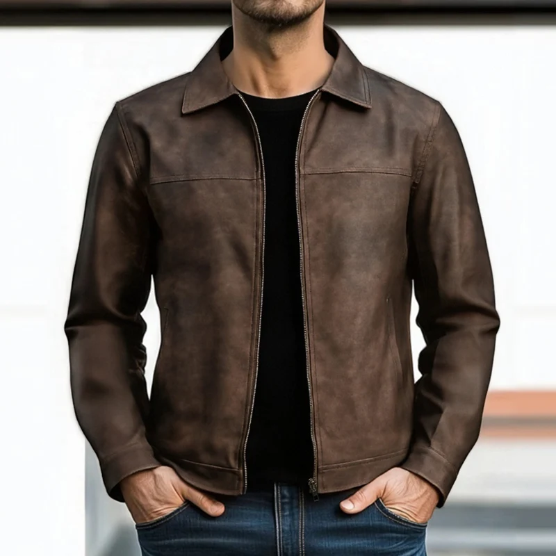 Men's motorcycle jacket with zipper Fitted casual outerwear