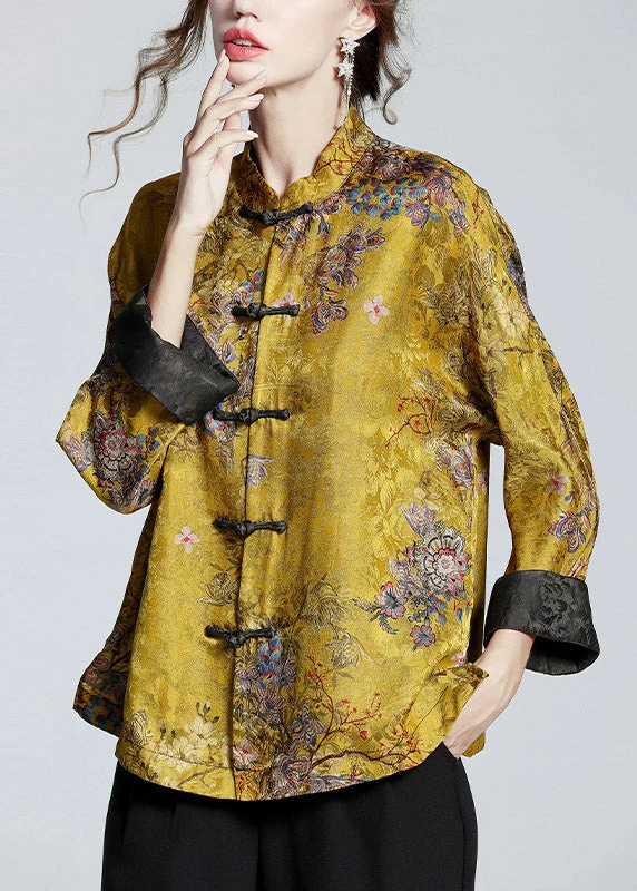 Women's Blouse with Print, Stand-up Collar, Long Sleeve, and Buttons