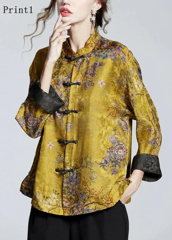 Women's Blouse with Print, Stand-up Collar, Long Sleeve, and Buttons