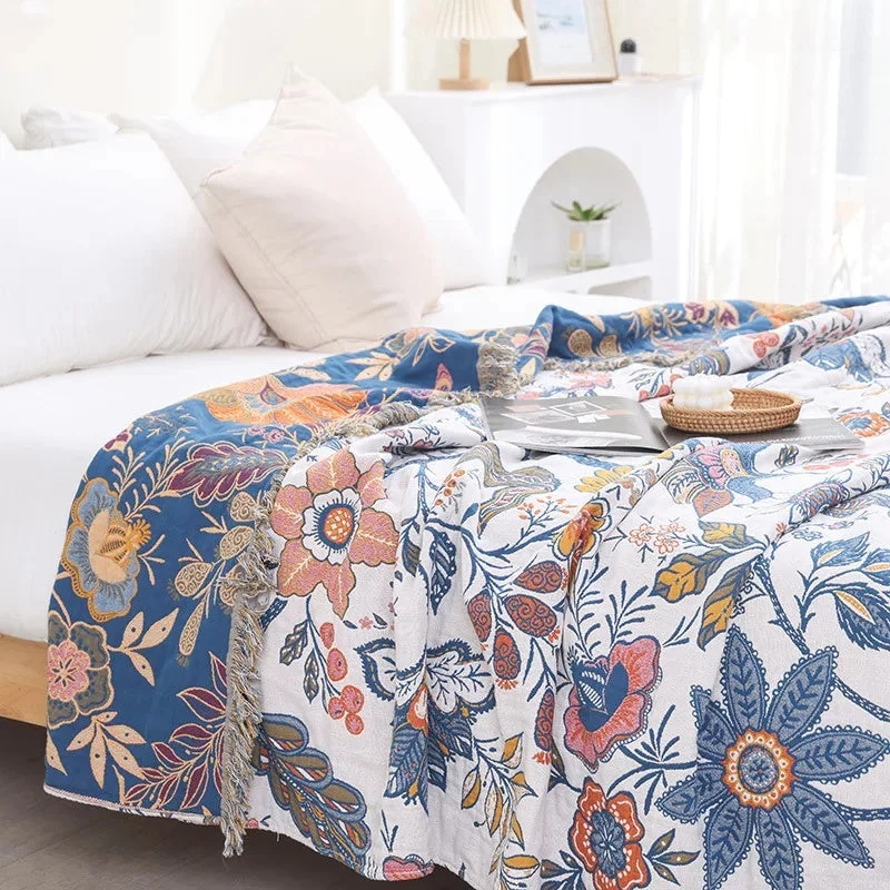 Artistic Boho Style Blanket with Floral Pattern
