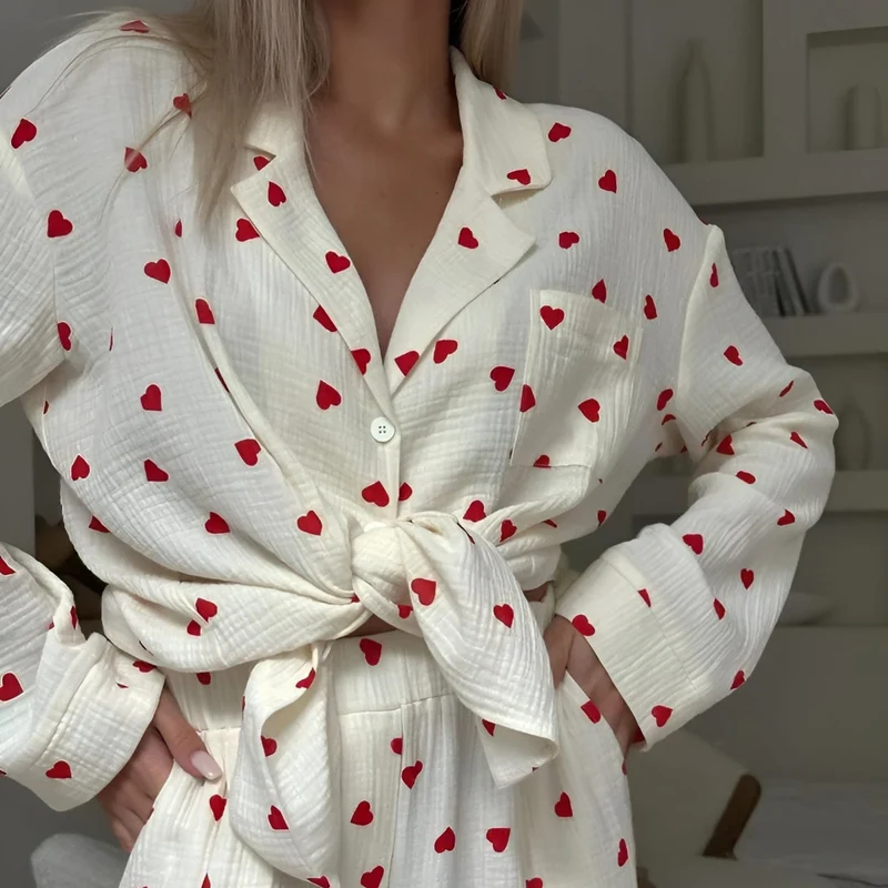 Pyjama Dames Katoen Hartmotief Zachte Loungewear Set