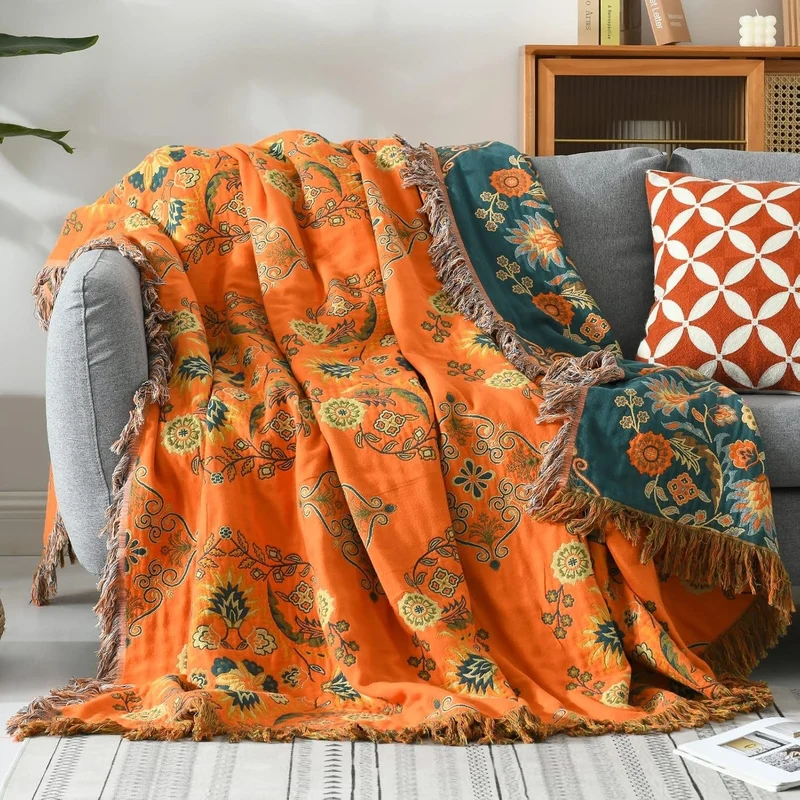 Reversible rustic floral patterned blanket for home