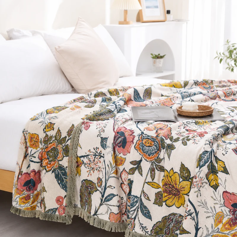 Artistic Boho Style Blanket with Floral Pattern
