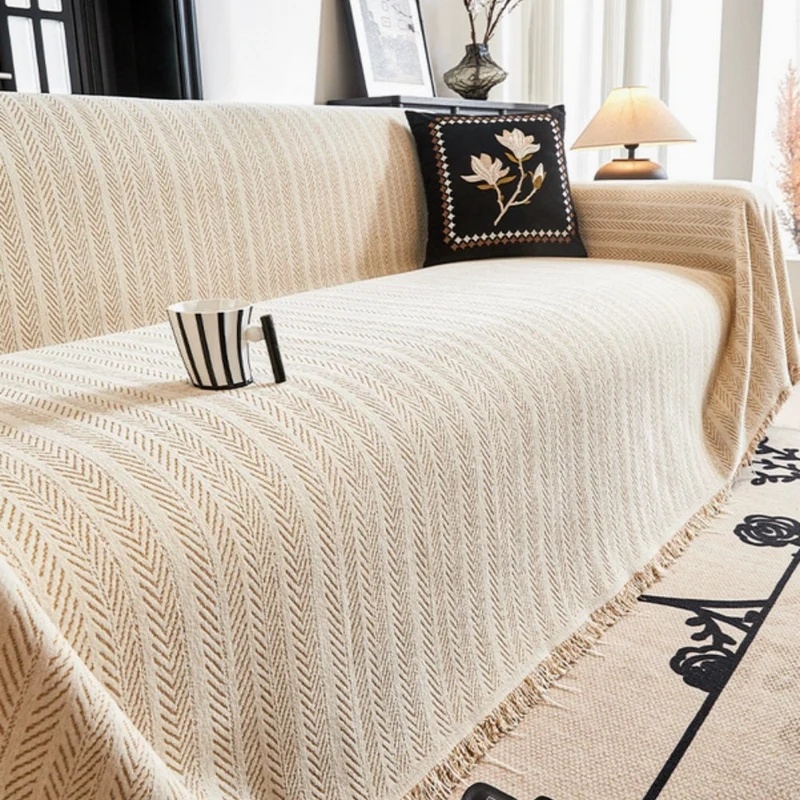 Anti-slip functional fringed sofa throw for living room